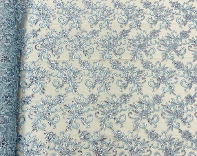 Steel blue corded flowers embroider with sequins on a mesh lace fabric-sold by the yard-