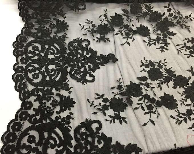 Black flowers embroider on a 2 way stretch mesh lace. Wedding/bridal/Prom/Nightgown fabric-dresses-fashion-apparel-Sold by the yard.