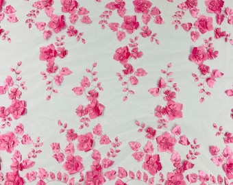 CandyPink Double Scalp Orquidia 3d floral design embroider with pearl in a mesh lace fabric-dresses-fashion-decoration-prom-sold by the yard