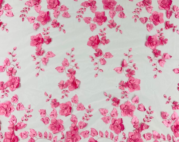 CandyPink Double Scalp Orquidia 3d floral design embroider with pearl in a mesh lace fabric-dresses-fashion-decoration-prom-sold by the yard