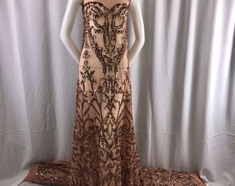 Skin damask design embroider with Sequins on a mesh lace-prom-nightgown-decorations-dresses-sold by the yard.