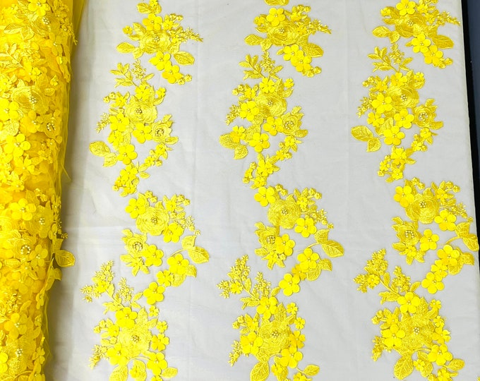 Bright Yellow Diana 3d floral design embroider with pearls in a mesh lace-sold by the yard.