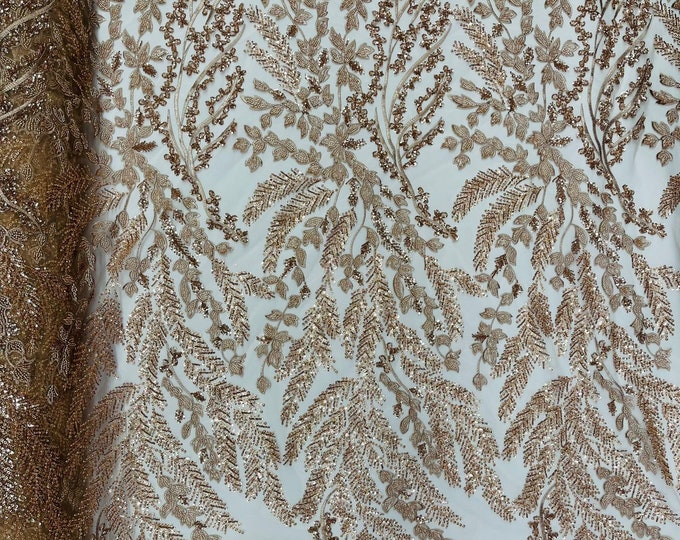 Champagne Floral Beaded Lace Fabric /Wedding/Prom/Sequin lace Sold By The Yard.