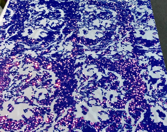 Purple-royal blue iridescent sequins on a 4 way stretch white velvet-prom-nightgown-sold by the yard-free shipping in the USA-