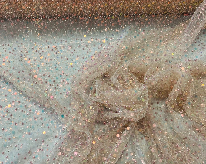 Blush Pink iridescent heavy hand beaded princess design embroider with beads-pearls-sequins on a mesh lace-sold by yard.