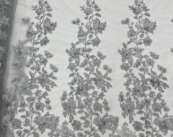 Silver princess 3d floral design embroider with pearls on a mesh lace-dresses-fashion-prom-apparel-nightgown--sold by the yard.