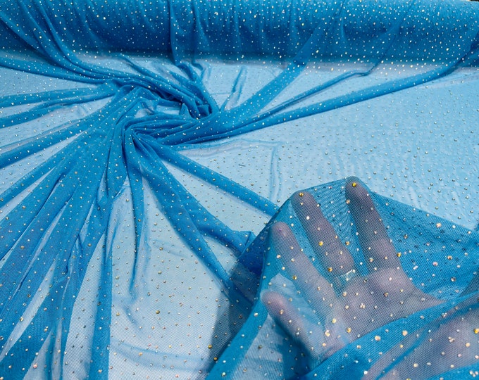 Turquoise Sheer All Over AB Rhinestones On Stretch Power Mesh Fabric, Sold by The Yard.