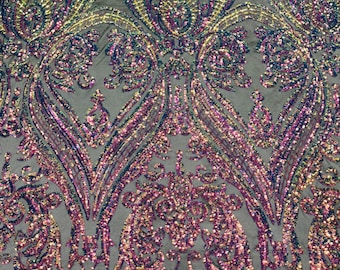 Rainbow iridescent shiny sequin damask design on a black 4 way stretch mesh-sold by the yard.