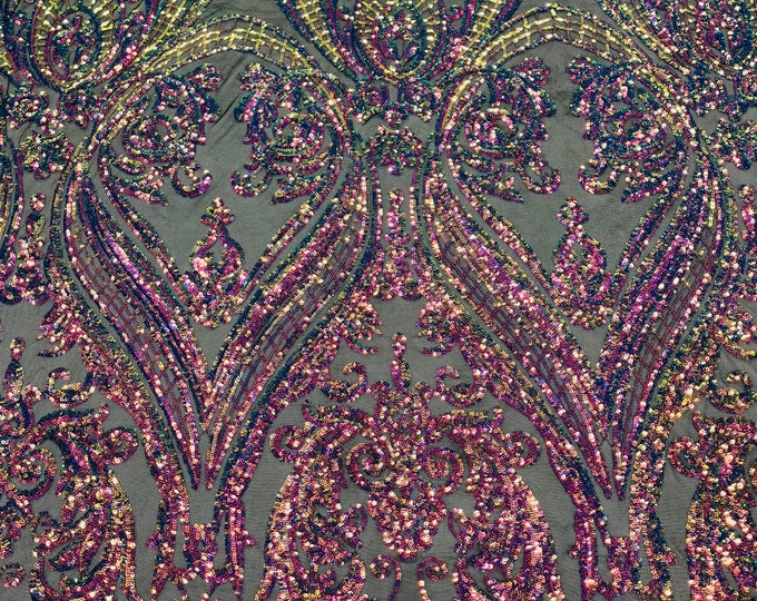 Rainbow iridescent shiny sequin damask design on a black 4 way stretch mesh-sold by the yard.