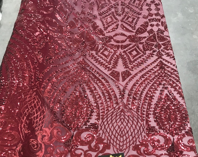 New burgundy shiny diamond design with sequins on a 4 way stretch mesh-prom-nightgown-sold by the yard-free shipping in the USA.