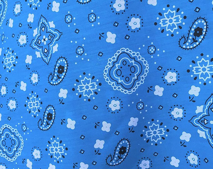 Turquoise Blue 58/59" Wide 65% Polyester 35 percent  Cotton Bandanna Print Fabric, Good for Face Mask Covers, Sold By The Yard.