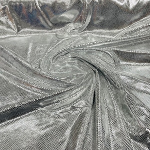 Silver/White Illusion foil Snake design on a stretch velvet fabric-Sold by the yard.