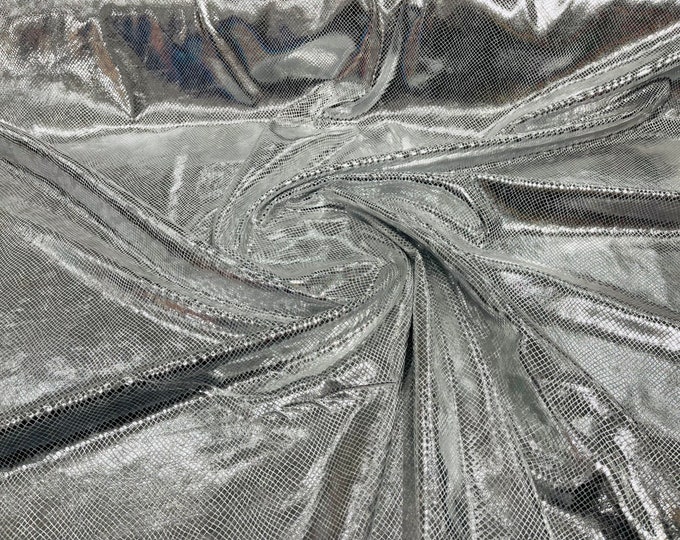 Silver/White Illusion foil Snake design on a stretch velvet fabric-Sold by the yard.