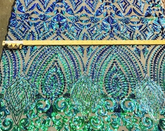 Green iridescent sequin diamond design on a 4 way stretch black mesh-prom-nightgown-Sold by the yard.