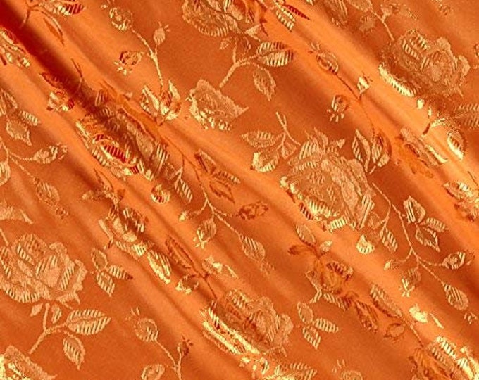 Orange 60" Wide Polyester Flower Brocade Jacquard Satin Fabric, Sold By The Yard.