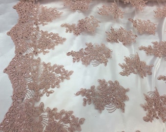 Dusty rose flower lace corded and embroider with sequins on a mesh. Wedding/bridal/prom/nightgown fabric-dresses-fashion-Sold by the yard.