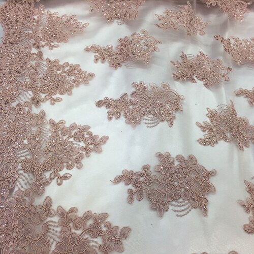 Taupe/pink French Beaded Design Embroider On A Mesh-Prom-nightgown-sold By Yard. main image 0