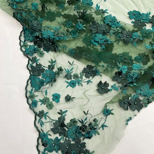 Hunter Green Multi color 3d floral Daisy design embroider with pearls in a mesh lace fabric -sold by the yard.
