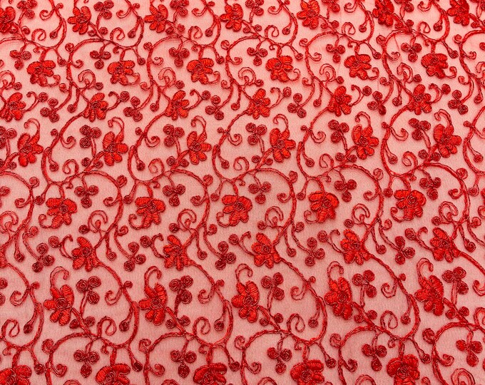 Red lace with cord embroidery flowers on a mesh fabric -dresses-fashion-prom-nightgown-sold by yard-free shipping.