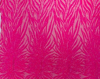 Hot Pink Iridescent - Phoenix feather design with sequins embroider on a pink 4 way stretch mesh fabric-sold by the yard.