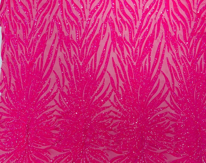 Hot Pink Iridescent - Phoenix feather design with sequins embroider on a pink 4 way stretch mesh fabric-sold by the yard.