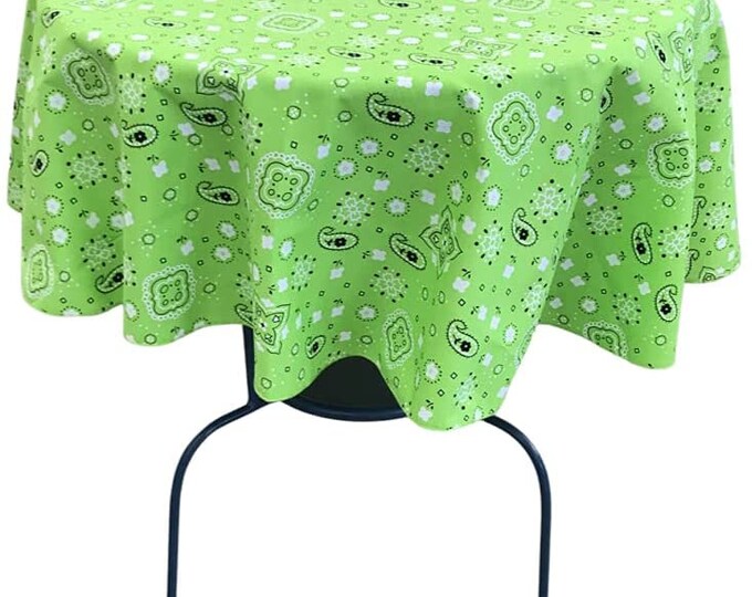 New Creations Fabric & Foam Inc, Round Print Poly Cotton Tablecloth (Bandanna Lime, Choose Size Below