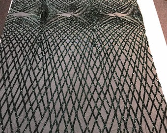 Hunter Green Sequins diamond design embroidery on a green 4 way stretch power mesh-dresses-fashion-apparel-prom-nightgown-Sold by the yard.
