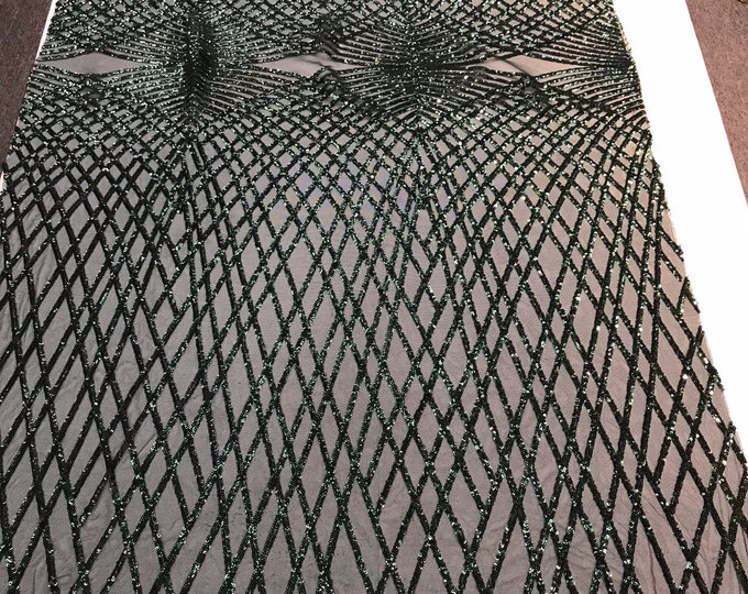 Hunter green sequins diamond design embroidery on a green 4 way stretch power mesh-dresses-fashion-apparel-prom-nightgown-sold by the yard.