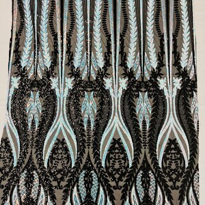 Aqua iridescent/black Two tone damask design with sequins embroider on a 4 way stretch mesh fabric-sold by the yard.