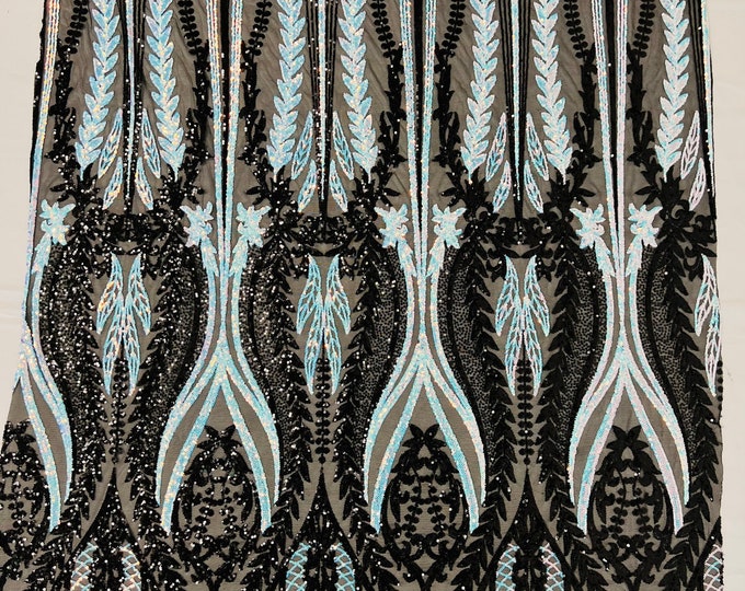 Aqua iridescent/black Two tone damask design with sequins embroider on a 4 way stretch mesh fabric-sold by the yard.