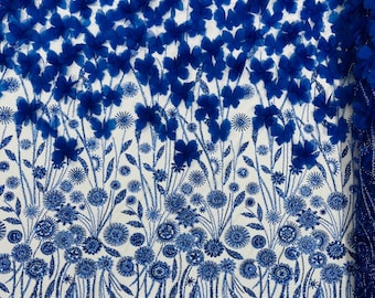 Royal Blue - Luxury 3D Floral/Butterfly Beaded lace, by The Yard.