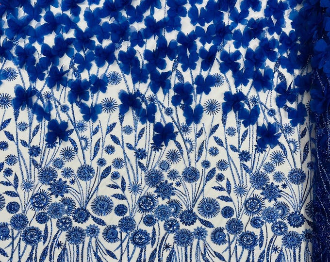 Royal Blue - Luxury 3D Floral/Butterfly Beaded lace, by The Yard.