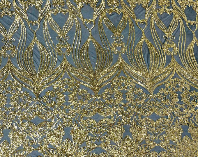 New Gold shiny sequin damask design on a Black 4 way stretch mesh-sold by the yard.