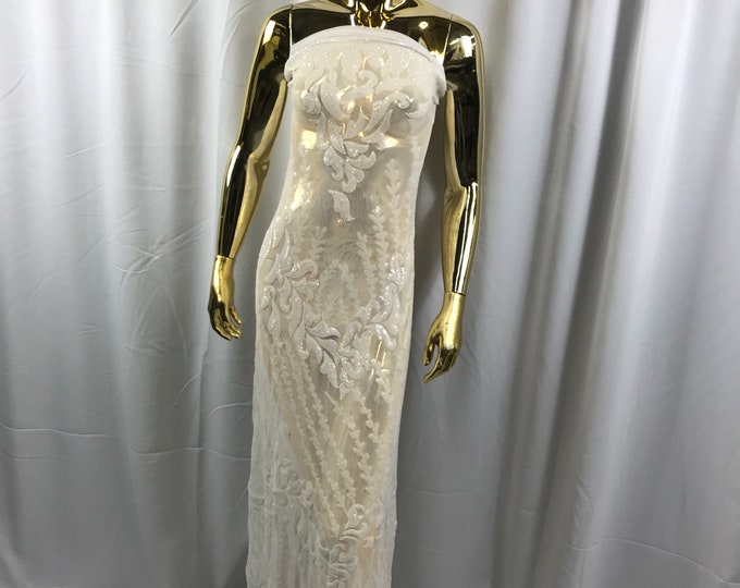 White 4 way Stretch Power Mesh lace embroidered with shiny sequins-dresses-fashion-decorations-apparel-prom-nightgown-sold by the yard.