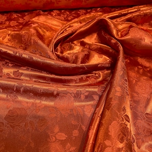 Burnt Orange 60" Wide Polyester Flower Brocade Jacquard Satin Fabric, Sold By The Yard.