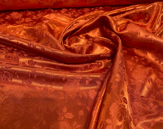 Burnt Orange 60" Wide Polyester Flower Brocade Jacquard Satin Fabric, Sold By The Yard.
