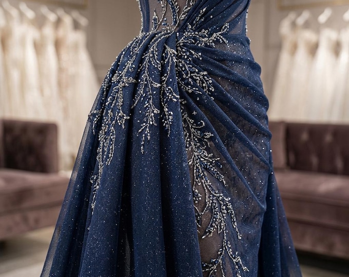 Navy Blue Stretch Mesh Fabric by Yard, Sheer Tulle Fabric, Soft Spandex Net Fabric for Dresses, Evening Gown, Lingerie, Sewing