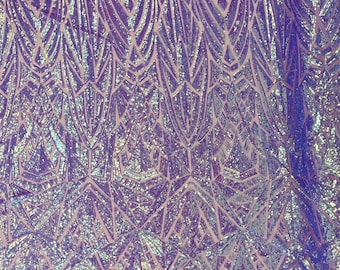 Lavender iridescent Geometric shiny sequin design on a 4 way stretch mesh-sold by the yard.