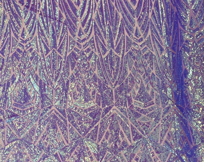 Lavender iridescent Geometric shiny sequin design on a 4 way stretch mesh-sold by the yard.