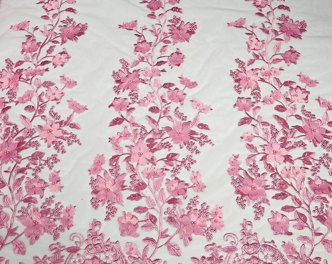 Bright Pink Emily 3d floral design embroider with pearls in a mesh lace-sold by the yard.