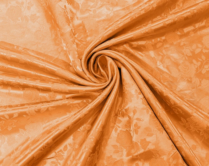 Orange 60" Wide Polyester Roses/Flowers Brocade Jacquard Satin Fabric/Cosplay Costumes, Skirts, Table Linen/Sold By The Yard.