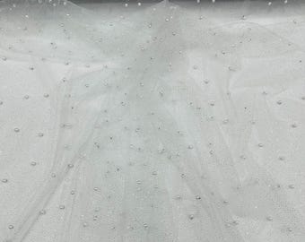 White Silver Pearl Glitter Studded Mesh, 2-Way Stretch Shimmer Mesh Fabric, Sold by the yard.
