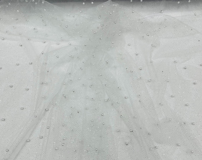 White Silver Pearl Glitter Studded Mesh, 2-Way Stretch Shimmer Mesh Fabric, Sold by the yard.