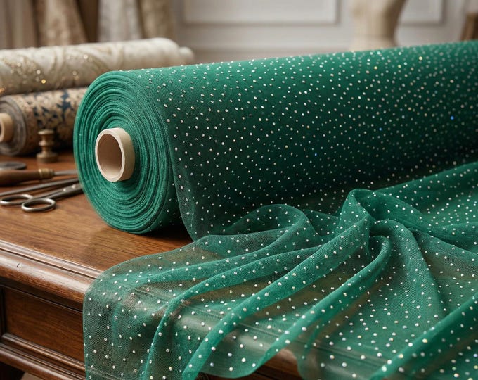 Emerald Green Rhinestone Mesh Fabric | Sheer Stretch Power Mesh with AB Crystals | Sparkle Fabric for Dress, Dancewear & Decor