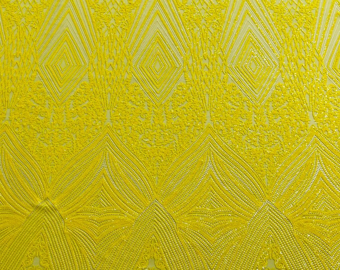 Bright Yellow Geometric diamond design with shiny sequins on a 4 way stretch mesh fabric- sold by the yard.