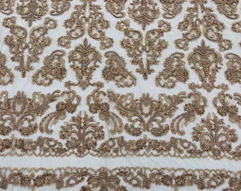 Mocha My Lady Hand Beaded Sequins Lace Fabric/Sequin For Wedding Bridal 52" wide.
