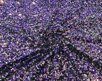 Purple Gold iridescent All-Over 5mm Shiny Sequins Black Stretch Velvet 54" Wide.