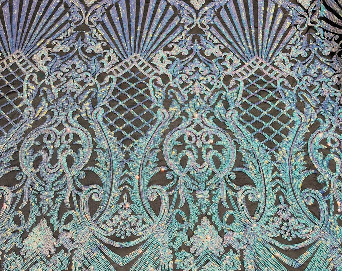 Aqua iridescent damask design on a black 4 way stretch mesh-prom-sold by the yard.