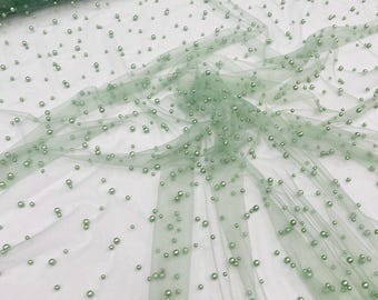 Sage Green Heavy Scattered Pearls Studded Mesh, 2-Way Stretch, sold by the yard.