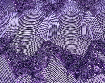 Purple Shiny fringe sequins design on a 4 way stretch mesh fabric-prom-sold by the yard.